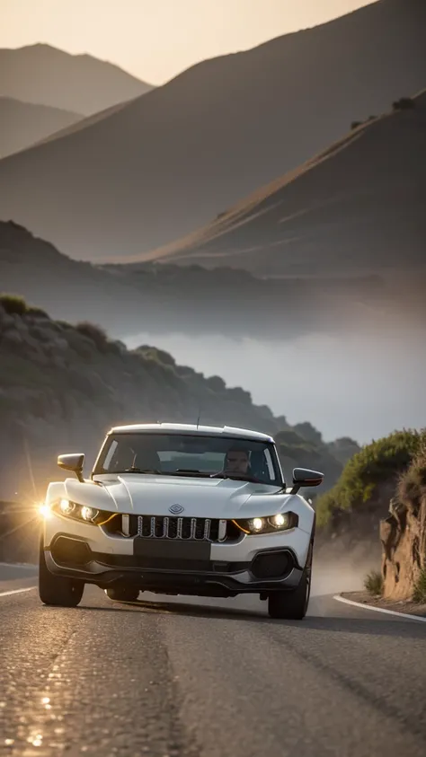 photo of a supercar in the middle of the picture, 8k uhd, high quality, road, sunset, motion blur, depth blur, cinematic, filmic image 8k. Natural sunlight, vibrant color, reflections Mahindra Thar lx
