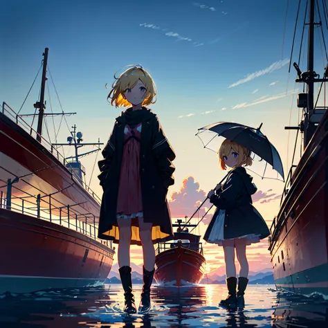 High-definition background, bright and beautiful atmosphere, 3 girls (2 years old, (1 short-tempered round face), (1 child)) (hair, surface effect), color effect), small breasts, blonde, fishing boat on the water, after the rain scenery, a girl looking up ...