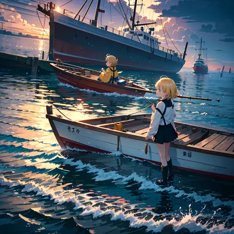 High-definition background, bright and beautiful atmosphere, 3 girls (2 years old, (1 short-tempered round face), (1 child)) (hair, surface effect), color effect), small breasts, blonde, fishing boat on the water, after the rain scenery, a girl looking up ...