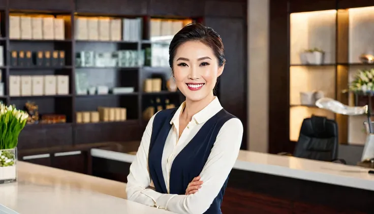 A beautiful Asian woman stands gracefully behind a counter, dressed in elegant and professional office attire. She is smiling warmly, exuding elegance and poise. The background and lighting are meticulously designed to enhance the overall aesthetic, creati...