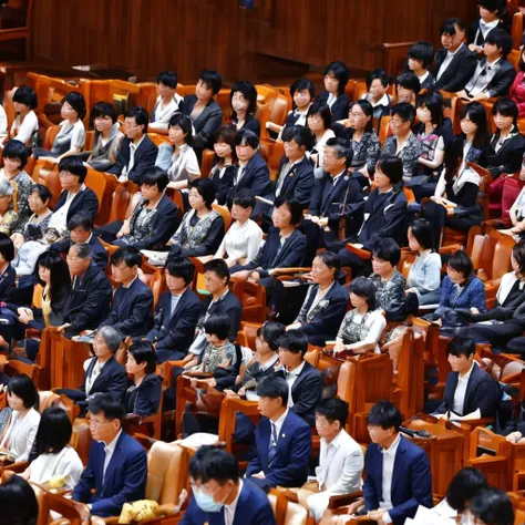 create an image featuring a confident middle-aged taiwanese man giving a speech at the chairman's seat in a grand hall. the man ...