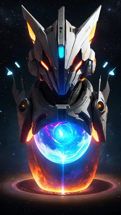 universe space、.&#39;Golden light effect)、(Strike Freedom)、(front)、universe spaceに浮いている、The round gold particles surround the aircraft.、(He holds a rifle in his right hand and a beam saber in his left hand)、(Eye color: Blue)、Aircraft color: White