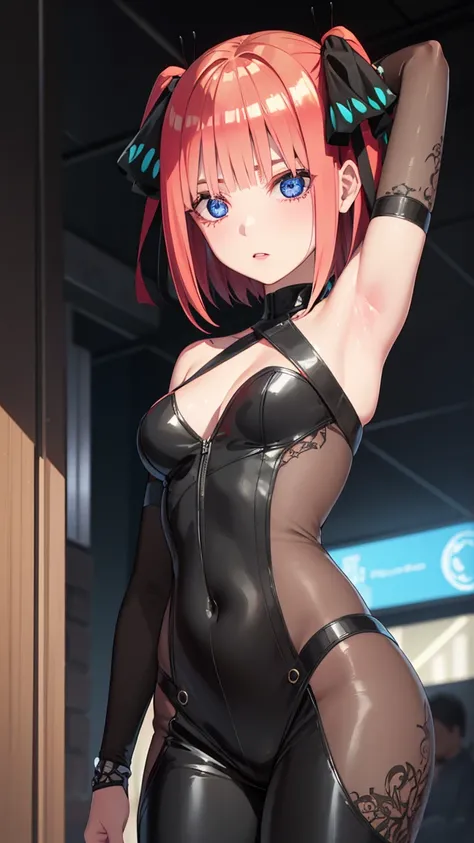 nino nakano, short hair, bangs, blue eyes, hair ornament, hair ribbon, pink hair, blunt bangs, two side up, butterfly hair ornament,
BREAK ((Official Outfit:1.5)),
BREAK Cyberpunk_CityView, Before Window, standing at attention,armpits,arm up,
BREAK (master...