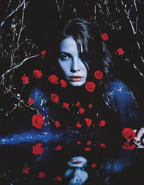 film photography, vintage, close up photo of fashion model hiding behind red roses in black water, blue dark forest night background