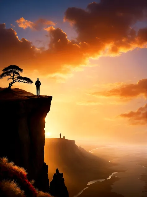 Create a visual representation of a solitary figure on a cliff during sunrise, The individual stands tall in awe and wonder under the expansive sky, their silhouette a stark contrast against the vibrantly colored morning light, They are in a deep state of ...