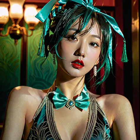 hatsune miku,1920s shanghai,mistress,private brothel,decadent atmosphere,prostitute women,dutch angle,2.5d,beautiful detailed ey...