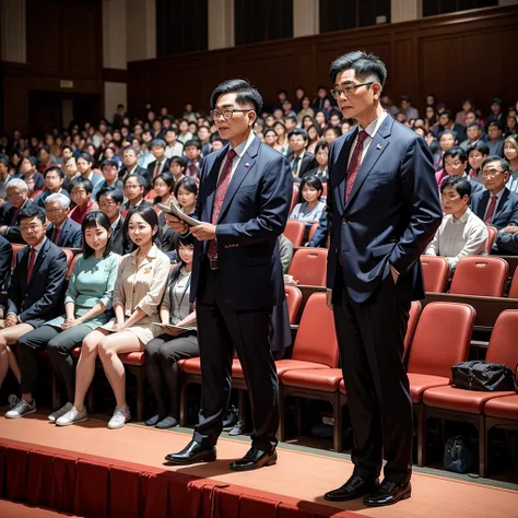 create an image featuring a confident middle-aged taiwanese man giving a speech at the chairman's seat in a grand hall. the man ...