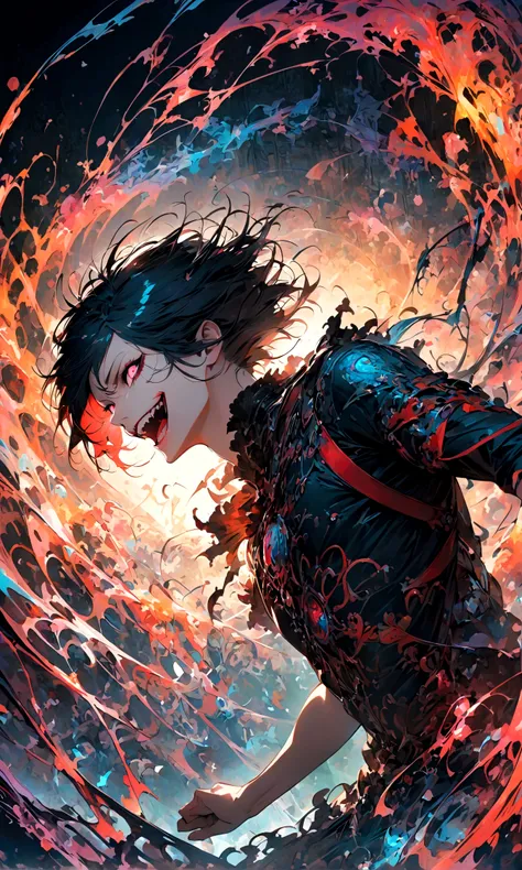 male,Tokyo Ghoul,Ishida Sui&#39;s style,Intricate details,artwork,Rendering,(best quality:1.4),(Extremely detailed:1.5),high resolution,Extremely detailed,wallpaper,Dark Fantasy,glare,Fighting Style,Crazy smile,tangled,Best color balance