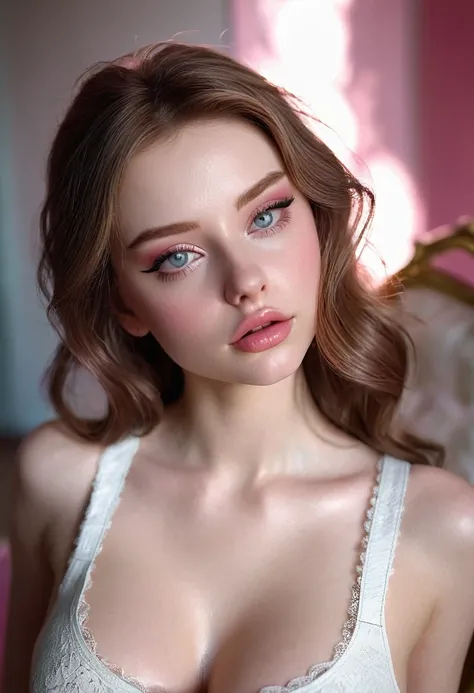 NSFW, GinaBanini, tight clothes, (((ultra realistic))) Photo, masterpiece, top quality, (pale skin), (Ultra detailed face and eyes:1.3), 1 girl, Adult, in a T-shirt, full body, (Eye makeup, mascara) , ((large detailed lips)), ((ash wavy hair)), ((Chyolka))...