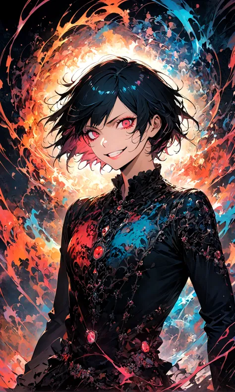 male,Tokyo Ghoul,Ishida Sui&#39;s style,Intricate details,artwork,Rendering,(best quality:1.4),(Extremely detailed:1.5),high resolution,Extremely detailed,wallpaper,Dark Fantasy,glare,Fighting Style,Crazy smile,tangled,Best color balance