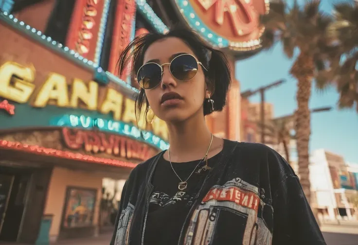 centered, 1girl, 18 yo, black hair, Las Vegas, standing, looking at the viewer, hip hop clothing, sunglasses, low-angle photo from below, shot on Afga Vita 400, natural lighting, city photograph, abandoned casino, big neon signs, heat, desert