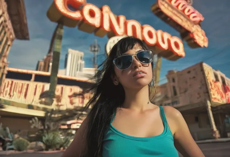 centered, 1girl, 18 yo, black hair, Las Vegas, standing, looking at the viewer, hip hop clothing, sunglasses, low-angle photo from below, shot on Afga Vita 400, natural lighting, city photograph, abandoned casino, big neon signs, heat, desert