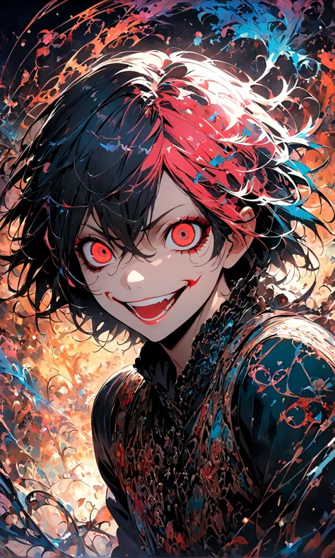 male,Tokyo Ghoul,Ishida Sui&#39;s style,Intricate details,artwork,Rendering,(best quality:1.4),(Extremely detailed:1.5),high resolution,Extremely detailed,wallpaper,Dark Fantasy,glare,Fighting Style,Crazy smile,tangled,Best color balance