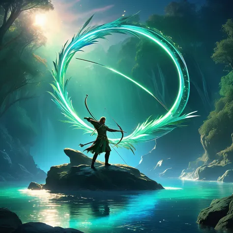 Imagine a fantasy medieval bow resting on a rock by the edge of an enchanted river, its presence radiating an aura of ancient magic. The bow is crafted from a rare, luminous wood that glows softly in the moonlight, with intricate carvings of mythical creat...