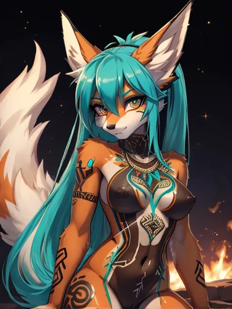 Miku Hatsune,Arabic, tanned skin, High Definition, kitsune ears, tribal tattoo, body painting, sencured body painting