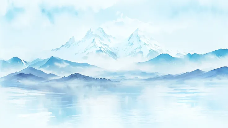 There is a painting，There is a mountain range in the painting，A lake in the foreground, 雾Mountains in the background, Detailed scenery —width 672, Mountain background, water landscape, Hazy background, background mountains, Mountains in the background, Mou...