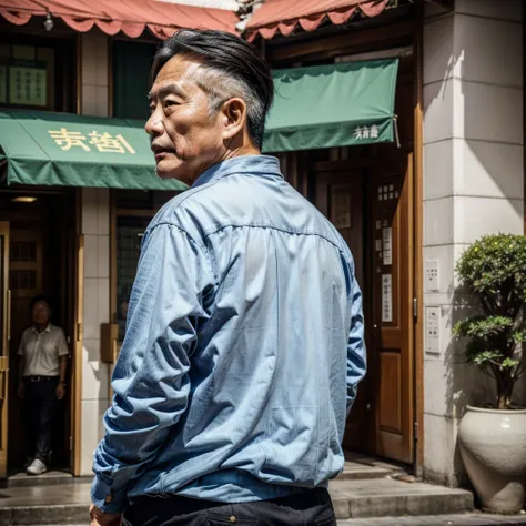 Scenes：City hall figures：A middle-aged Taiwanese man with his back to the camera：Middle-aged appearance：Taiwanese characteristic clothing：Fashionable and youthful clothing attitude：Emotional speech from the chairman&#39;s seat of a large company：confident ...