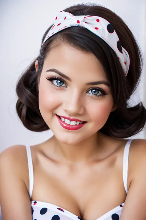 35mm portrait photography front centered composition girl smiling playfully posing sexy pin up dressed in a polka dot dress in pinup style white background beautiful eyes, perfect skin, detailed skin, big, beautiful fingers and nails , (4K, ultra detailed)...