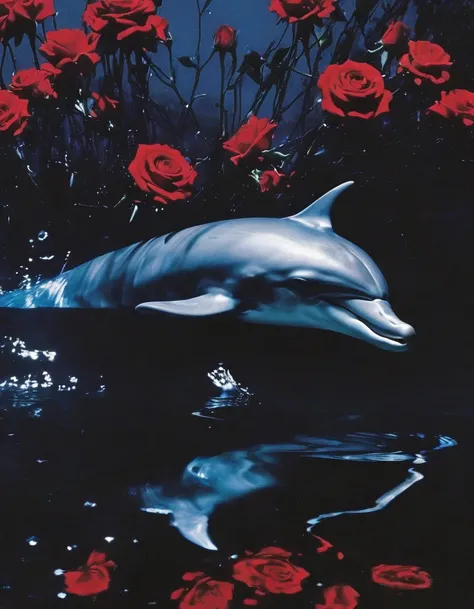 film photography, vintage, close up photo of dolphin hiding behind red roses in black water, blue dark forest night background