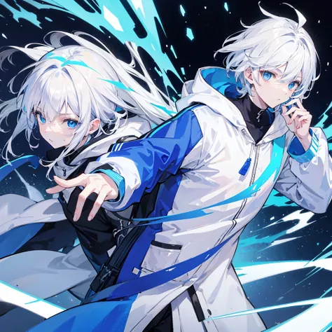 male character with white hair blue eyes wearing white hoodie with blue and black shirt style anime