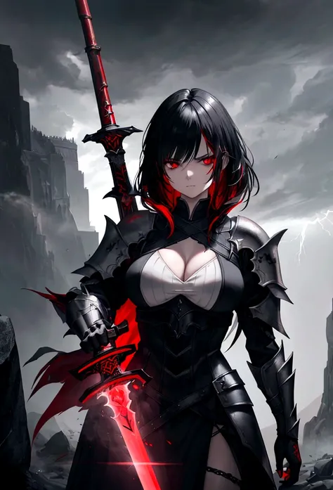 a woman with black hair and white streaks, sad expression, holding a large red sword, detailed red eyes, detailed red sword, cinematic lightning, dramatic lighting, dark fantasy, dramatic atmosphere, epic fantasy, dark moody, dark and gritty, photorealisti...