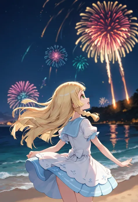 score_9,score_8_up,score_7_up,cowboy shot,((HENTAI Anime)),(details background),1girl,lillie(pokemon),open mouth,look up sky,night,sky,back view,Lots of fireworks,sea,blurry background,forcus of face