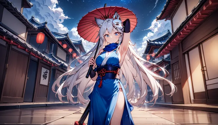 大rain、cloudy、rain、Holding an umbrella、Large umbrella、Japanese Umbrella、Japanese style umbrella、Look down、The road where no one is、Dark Sky、Exposed armpits and chest、A magnificent view of the city from the treetopasterpiece, best quality:1.2), 1girl, 独奏,Wol...