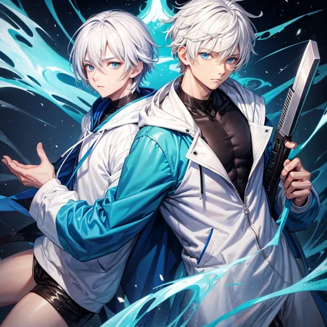 male character with white hair blue eyes wearing white hoodie with blue and black shirt style anime