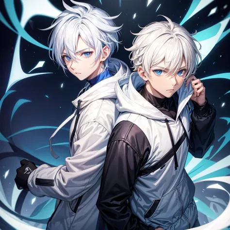 male character with white hair blue eyes wearing white hoodie with blue and black shirt style anime