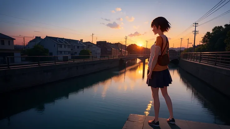 Anime girl watching the sunset on a bridge, Bridge over the canal, Girl in casual clothes, silhouette, Orange sunset sky, Makoto Shinkai style, Makoto Shinkai style, 2D