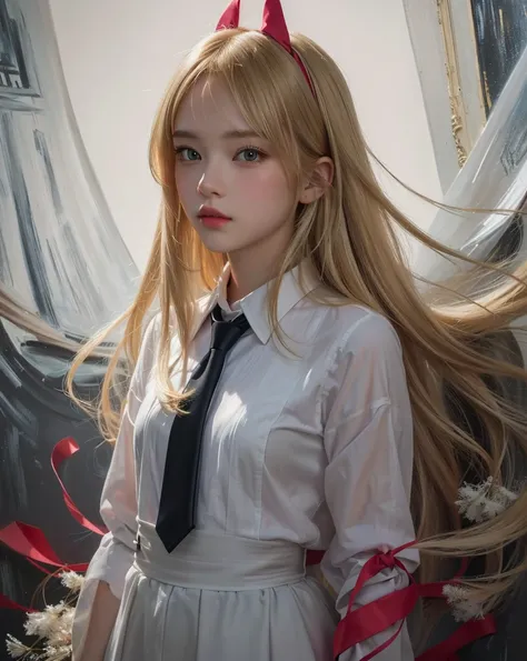 cute girl with long blonde hair and a tie standing in front of a painting, detailed digital art, portrait girl, digital illustration, portrait of an girl