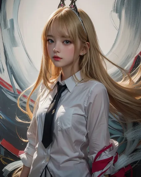 cute girl with long blonde hair and a tie standing in front of a painting, detailed digital art, portrait girl, digital illustration, portrait of an girl