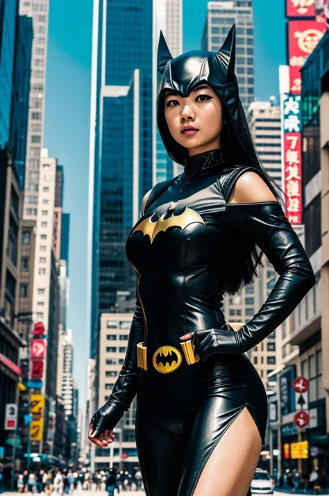 Asian woman comic style in a big city, Batman Costume, Comic Style