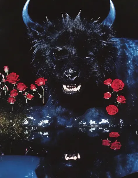 film photography, vintage, close up photo of giant black monster with red roses in black water, blue dark forest night background