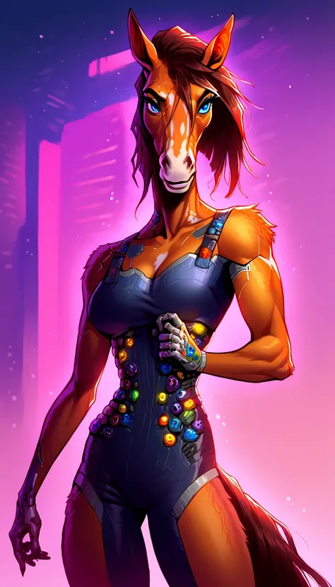 score_9, score_8_up, score_7_up, (cyberpunk buildings, cyberpunk neon signs, cyberpunk cars, cyberpunk-style city on background),
((Horse:1.2), anthro, solo, female, (portrait, standing), (holding), ((wearing clothes)), ((have fur)), beautiful, (have cyber...