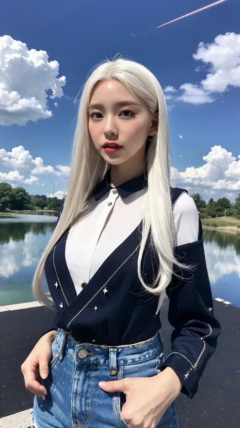 (8K, Highest quality, masterpiece:1.2)Highest quality, 1 Girl, (Skin dents), (Huge breasts), (Day),  bright, Blur the background, Open, (street:0.6), (people々, crowd:1), (blouse:1.5), wonderful, (white hair:1.5), (floating hair:1.5), (Dynamic pose:0.8), ay...