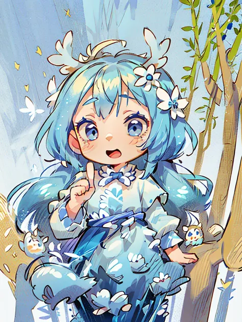 chibi, masterpiece, best quality, extremely detailed, detailed background, detailed face, 1girl, FULL-BODY, solo, pale skin, LONG blue hair which each strands were being lifted up by butterflies, deer ears, white deer horns, happy expression, white dress, ...