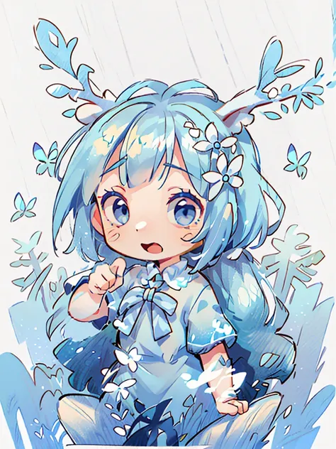 chibi, masterpiece, best quality, extremely detailed, detailed background, detailed face, 1girl, FULL-BODY, solo, pale skin, LONG blue hair which each strands were being lifted up by butterflies, deer ears, white deer horns, happy expression, white dress, ...