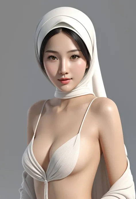 16k, hyper resolution, extremely detailed, A highly detailed, medium long shot 3D rendering of a realistic naked chinese young girl and only wearing a hijab with accurate face and wearing g-string. She is nude and standing confidently showing sexy body, so...