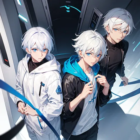 male character with white hair blue eyes wearing white hoodie with blue and black shirt