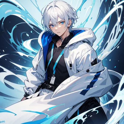 male character with white hair blue eyes wearing white hoodie with blue and black shirt