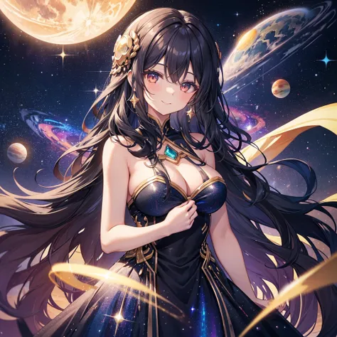 Woman with very long wavy black hair tan skin, massive breast,  wearing a beautiful dark majenta  glitter dress and smiling up. Little, surrounded by outerspace, planets, and galaxies