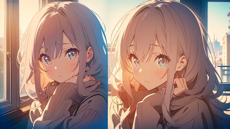 A lofi anime girl sitting in a cozy bedroom, detailed face, beautiful eyes and lips, long eyelashes, messy hair, wearing a oversized sweater, looking out of a window, soft lighting, pastel color palette, cinematic composition, muted tones, photorealistic, ...