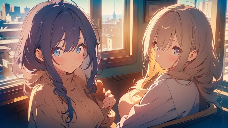 A lofi anime girl sitting in a cozy bedroom, detailed face, beautiful eyes and lips, long eyelashes, messy hair, wearing a oversized sweater, looking out of a window, soft lighting, pastel color palette, cinematic composition, muted tones, photorealistic, ...