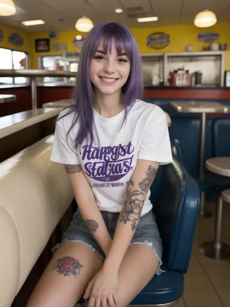 street photography photo of a young woman with purple hair, smile, happy, cute t-shirt, tattoos on her arms, sitting in a 50s diner 