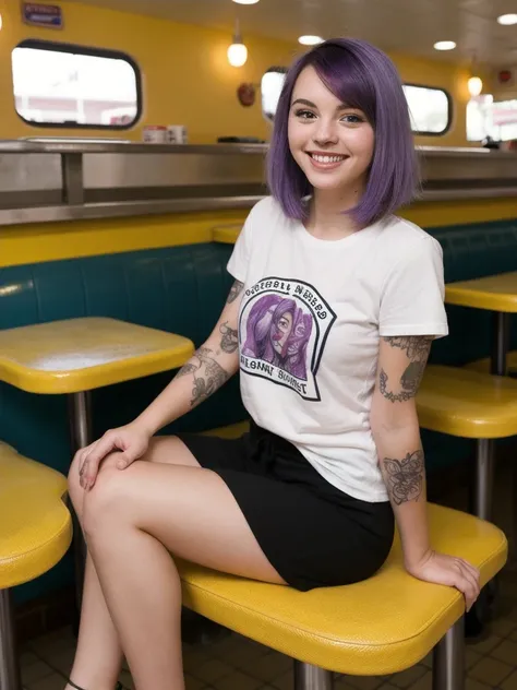 street photography photo of a young woman with purple hair, smile, happy, cute t-shirt, tattoos on her arms, sitting in a 50s diner 