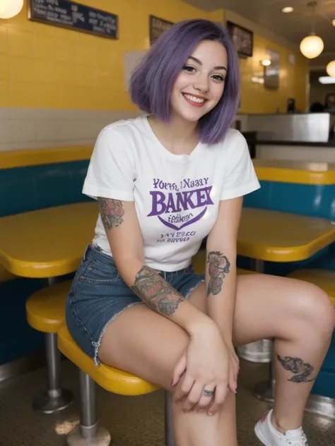 street photography photo of a young woman with purple hair, smile, happy, cute t-shirt, tattoos on her arms, sitting in a 50s diner 