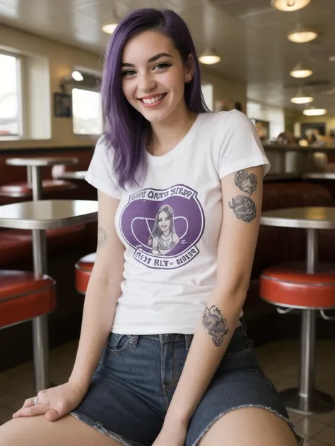 street photography photo of a young woman with purple hair, smile, happy, cute t-shirt, tattoos on her arms, sitting in a 50s diner 