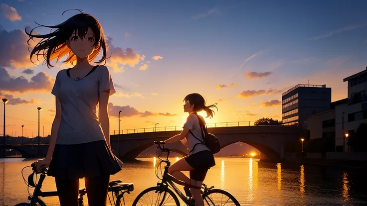 Anime girl riding a bicycle on a bridge watching the sunset, Bridge over the canal, Girl in casual clothes, silhouette, Orange sunset sky, Makoto Shinkai style, Makoto Shinkai style, 2D