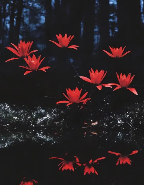 film photography, vintage, close up photo of red flowers in black water, blue dark forest night background